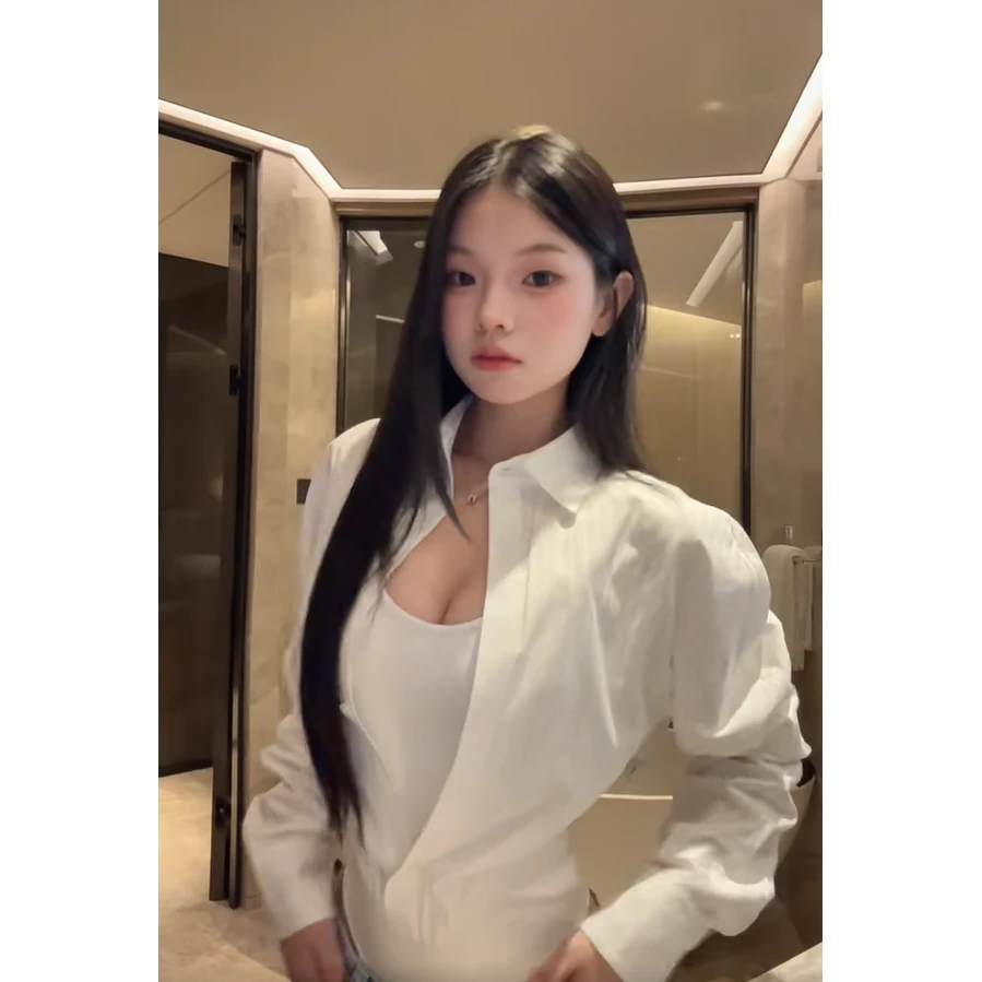 修身假两件连体衬衫夏季法式薄款收腰显瘦百搭别致外穿衬衣女装潮