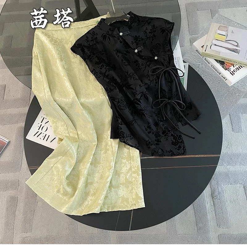 高级感新中式国风套装裙女夏季洋气漂亮盘扣上衣提花半身裙两件套