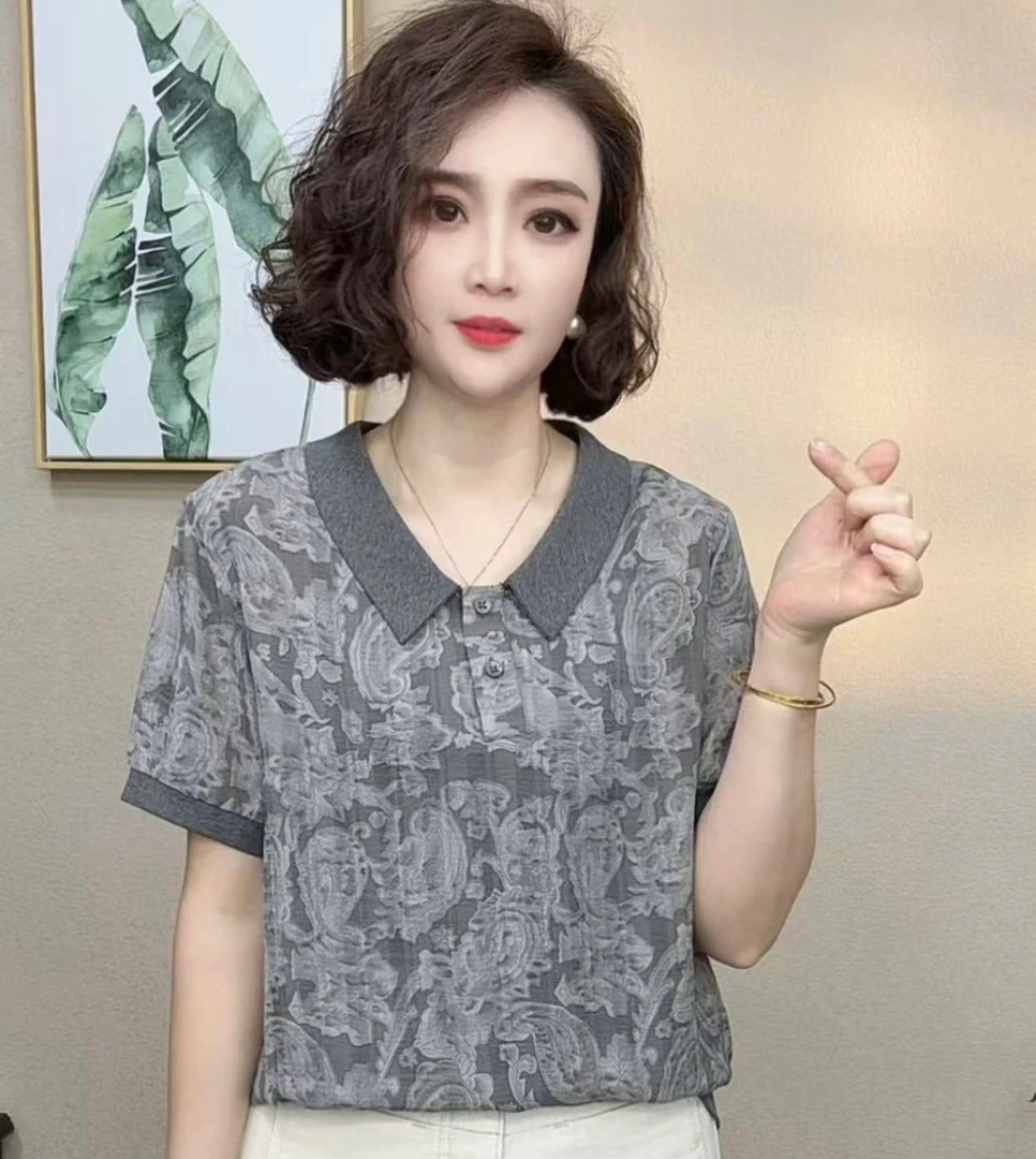 2025夏季新款时尚洋气百搭宽松显瘦POLO领休闲减龄女士短袖#378