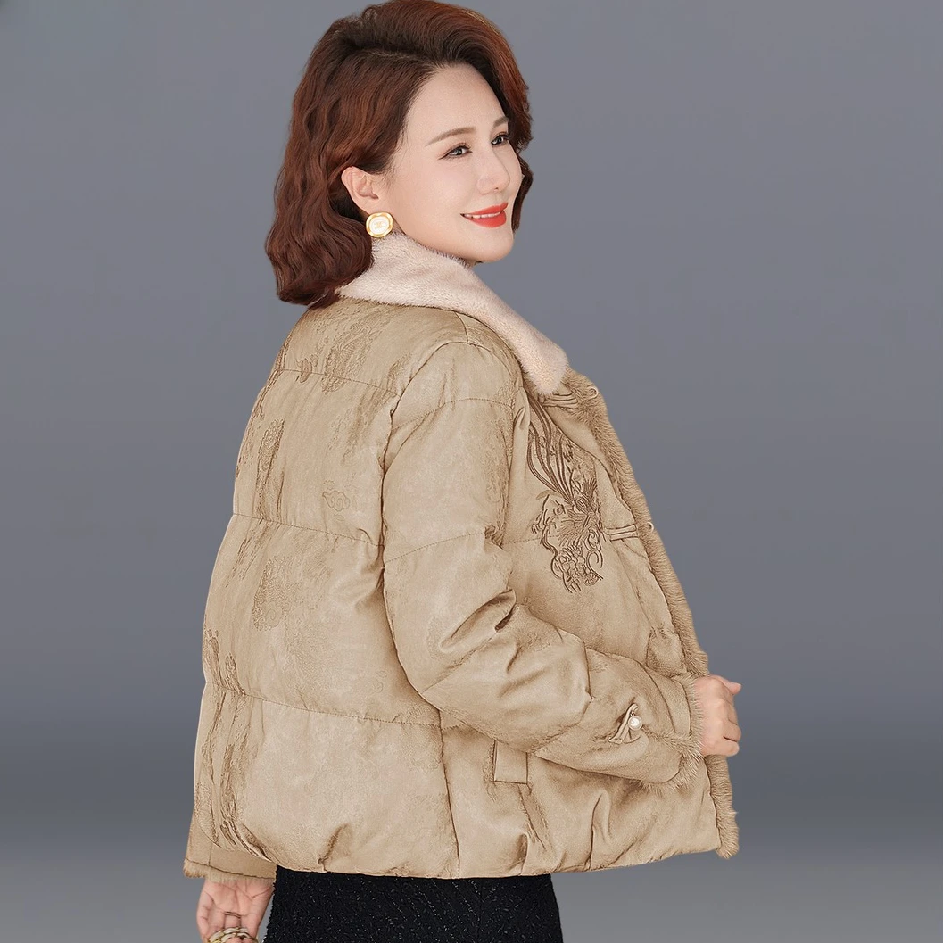 妈妈冬装新中式棉服中年绣花外套中老年女装冬季水貂绒高档棉袄