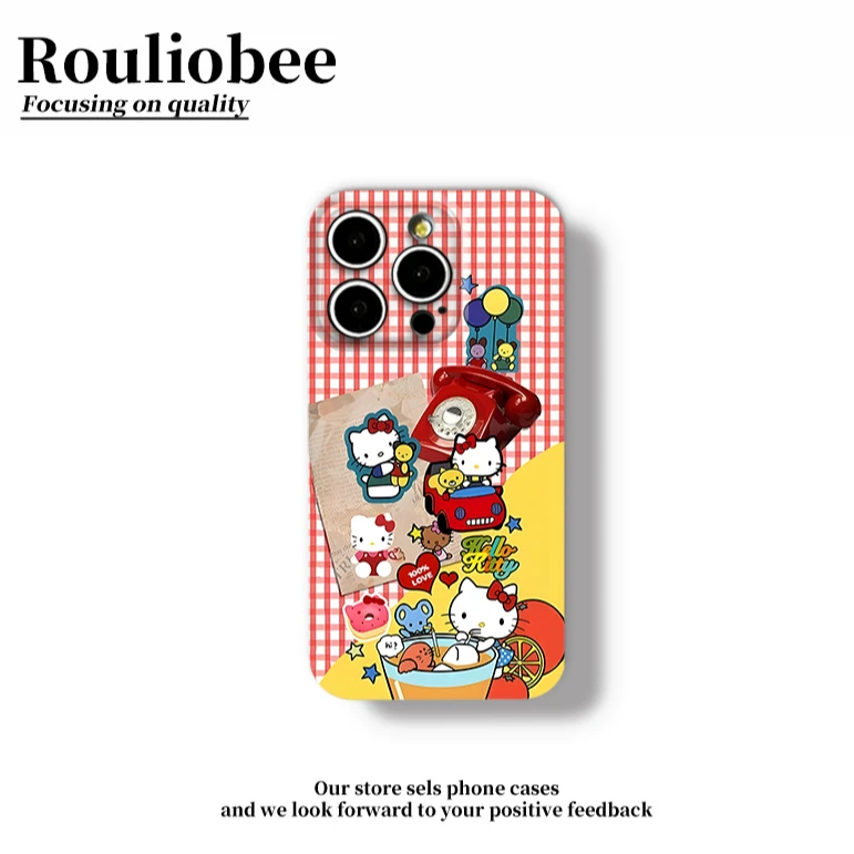 红格纹聚餐Kitty适用苹果17手机壳菲林iPhone16华为vivo小米oppo