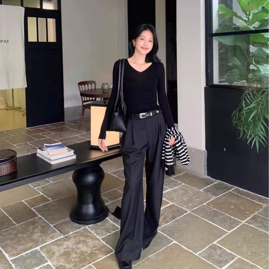 韩系气质内搭长袖V领羊毛针织衫休闲紧身打底衫上衣1009(E11-2)