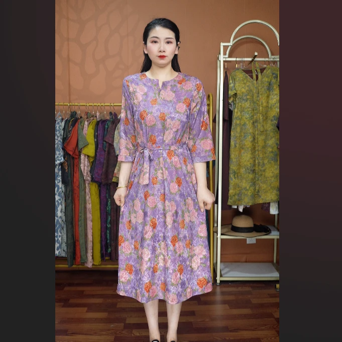 【紫花收腰】国风妈妈装宽松连衣裙高档中年女装秋夏季优雅气质长裙