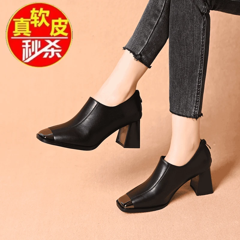 品牌断码真皮法式方头春秋复古高跟深口单鞋女英伦风粗跟棕色女鞋