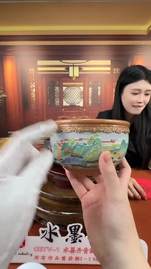 摆件瓷何平窑雕彩千里江山缸17带证书