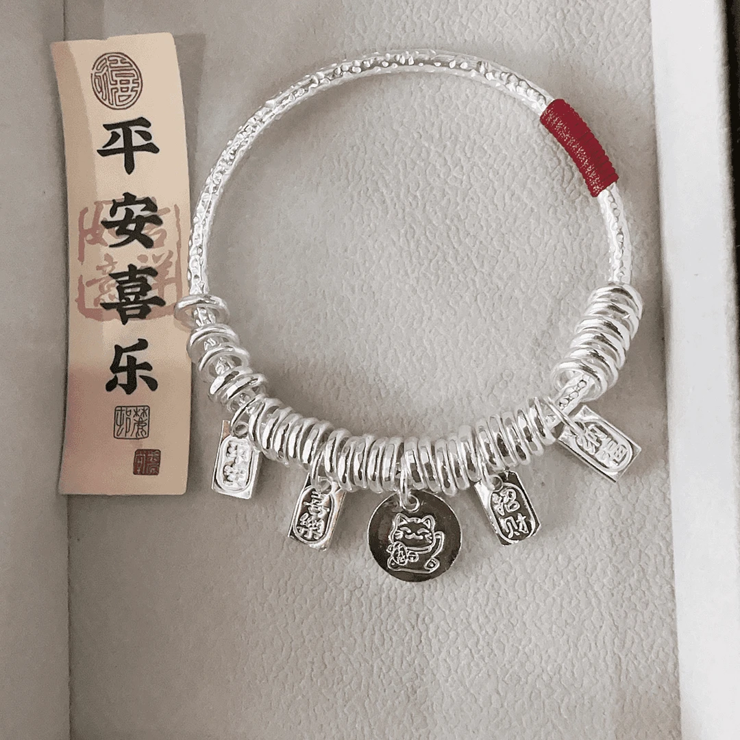 足银手镯9999纯银实心盘缠手镯女众平安喜乐招财猫银镯