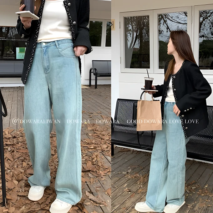 胖mm大码女装2025年秋季新款韩版复古高腰百搭显瘦阔腿直筒牛仔裤