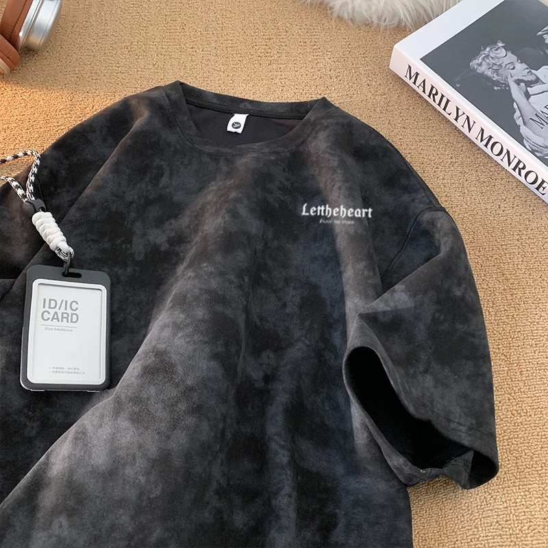 夏季新款扎染麂皮绒短袖男T恤美式百搭脏脏设计感印花上衣潮牌ins