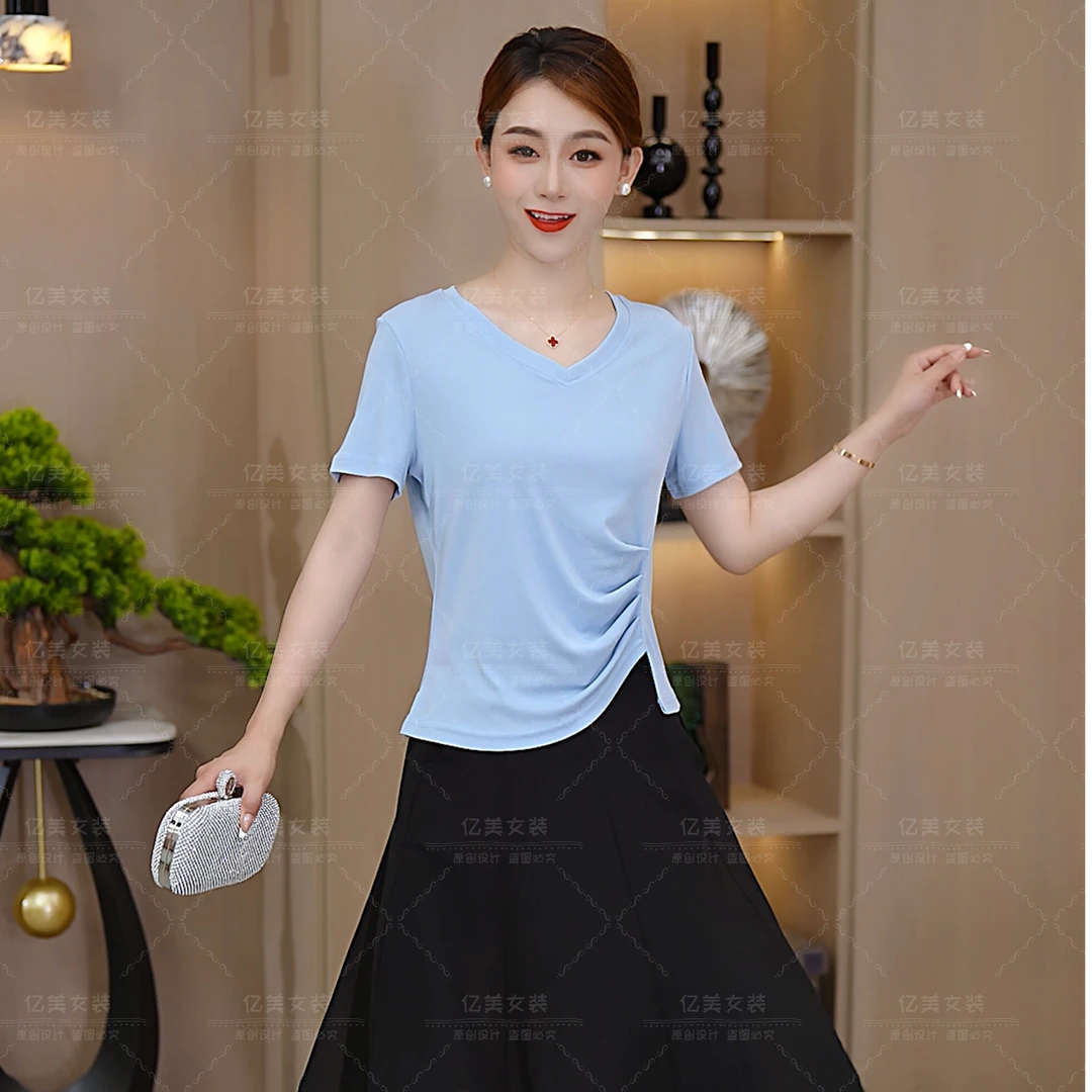 2025新款爆款女短袖T恤显瘦气质修身时尚夏季不规则上衣遮肚子