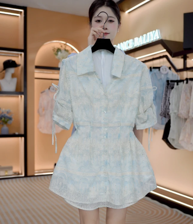 “蓝韵”新法式春夏慵懒感中长款宽松休闲衬衫套装   Y630