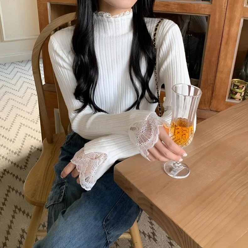 新款蕾丝花边打底衫女秋冬半高领修身气质毛衣杏色长袖针织衫上衣