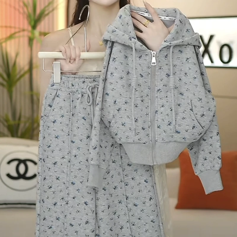 女童连帽套装春秋2025新款儿童印花上衣韩版女孩阔腿裤两件套洋气