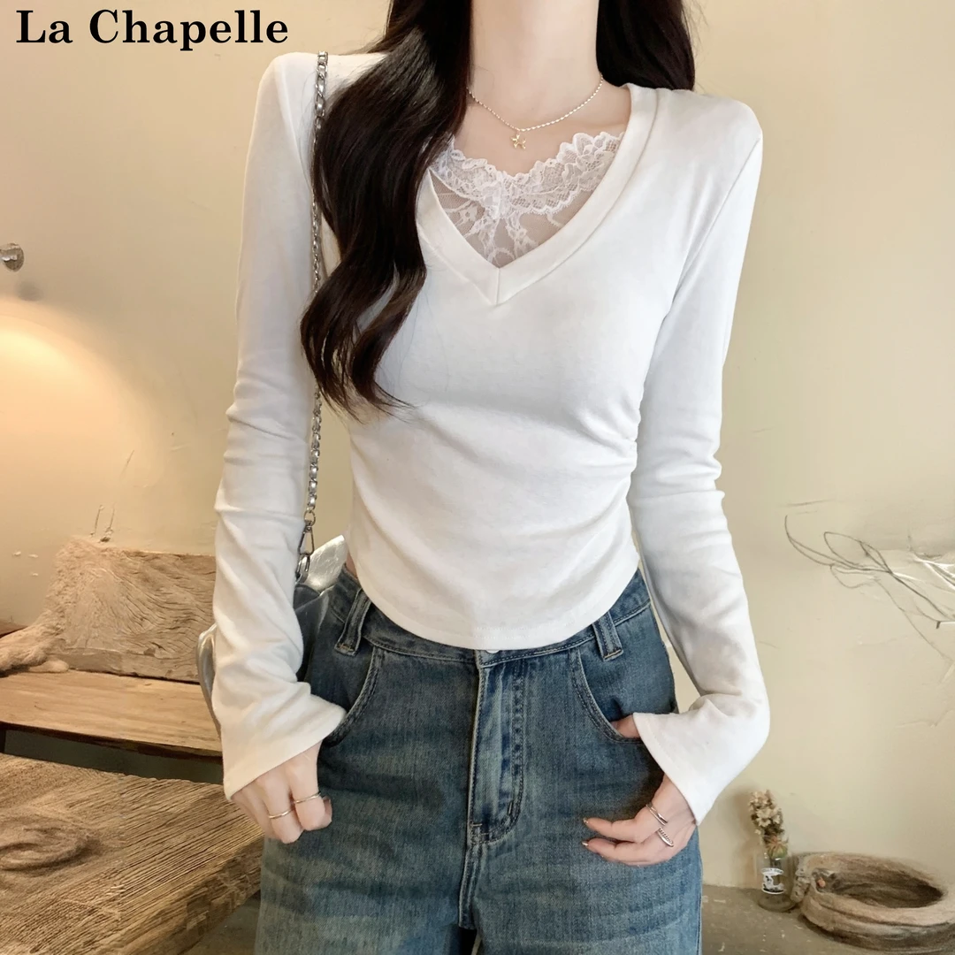 拉夏贝尔时尚洋气纯欲V领长袖T恤女2026春秋打底收腰百搭加绒上衣