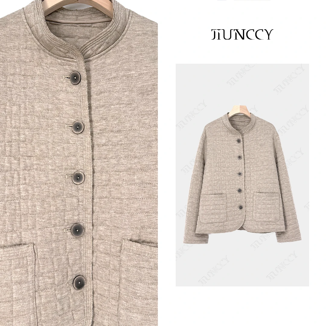 JIUNCCY【方格】羊毛混纺方格绗线夹羊毛填充立领短款外套 52YWT070