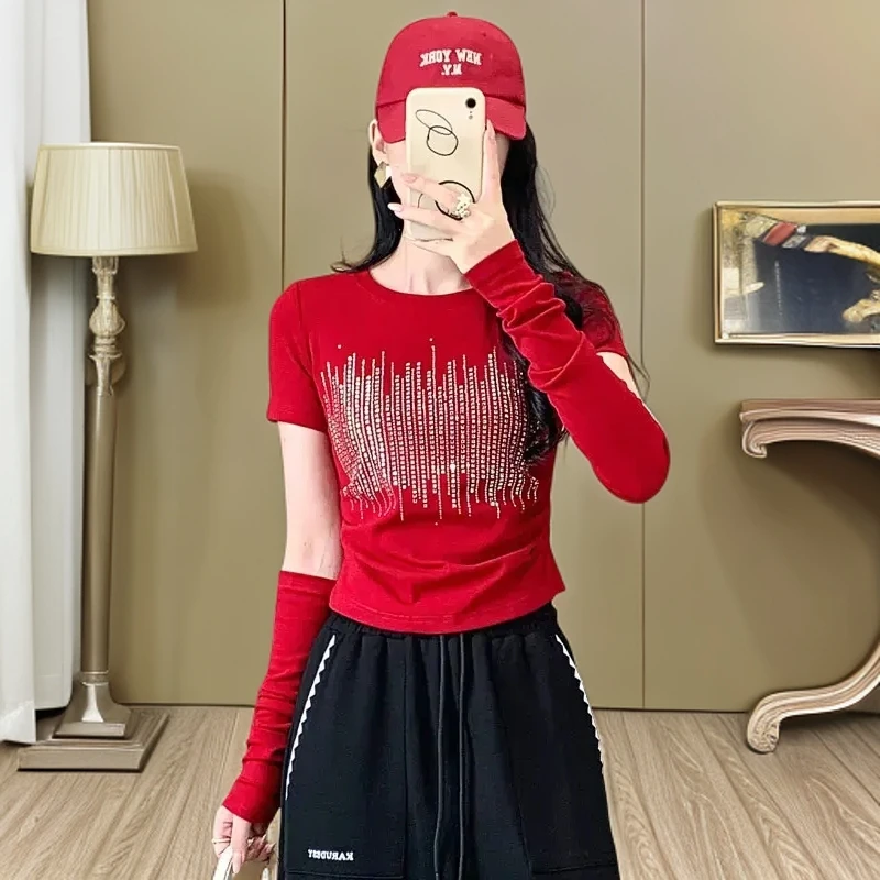 2025新款烫钻长袖t恤女装秋季时尚跳舞运动跳爵士舞辣妹短款上衣