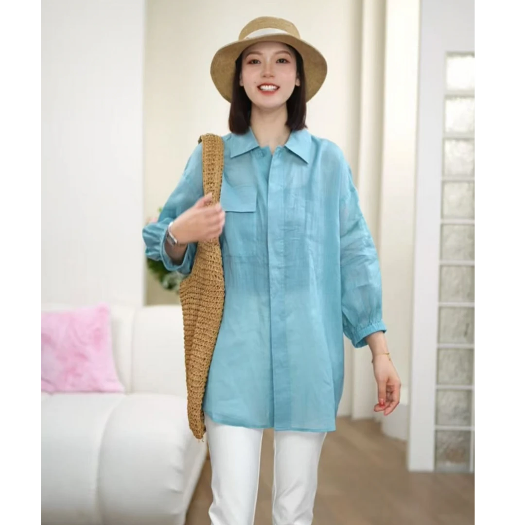 AMASS/阿玛施薄款时尚简约纯色休闲中袖廓形翻领苎阿玛施白衬衫