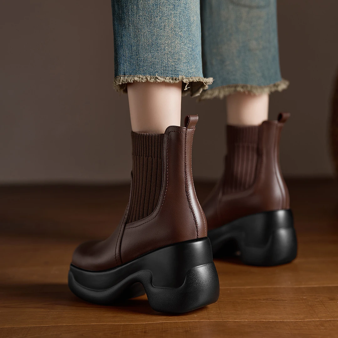 AACCK女鞋7cm小众厚底坡跟马丁靴毛线短筒瘦瘦弹力袜靴棕色烟筒靴
