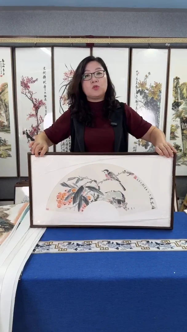 国画精品扇面（金玉满堂） 实木画框 43*78