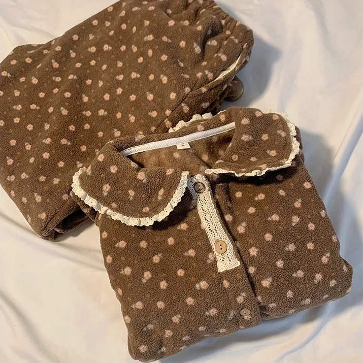 冬季保暖碎花睡衣女加绒加厚家居服套装美拉德碎花韩版娃娃领套装