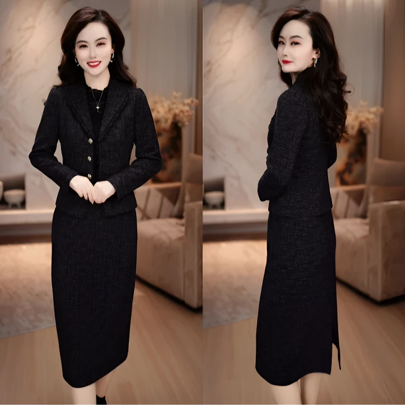 新品上新西服外套+连衣裙2025秋季气质修身显瘦蕾丝女人味套装裙