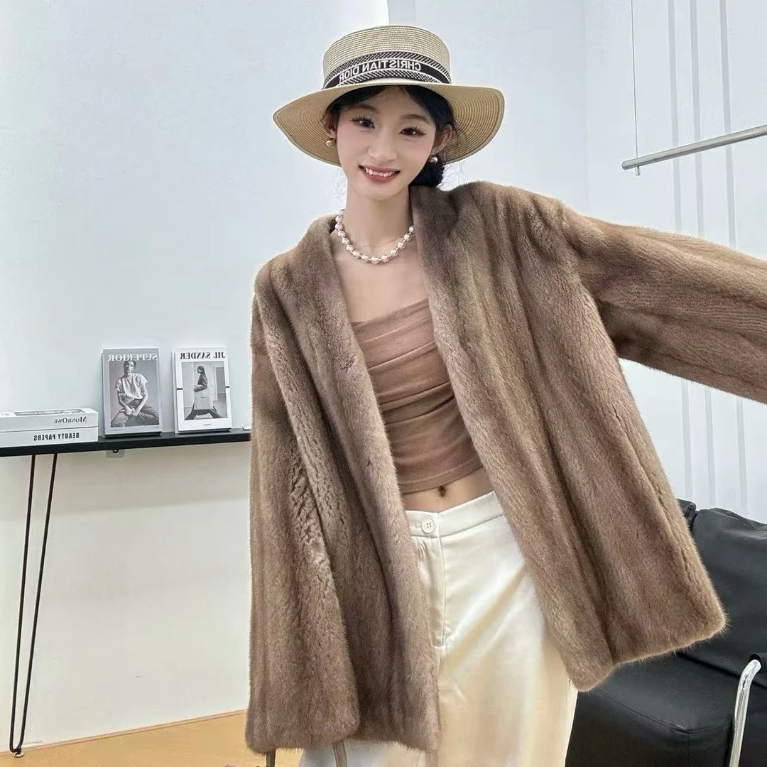 QIQI皮草“小北欧”2025新款进口水貂天鹅绒铁灰V领全抽简约外套女