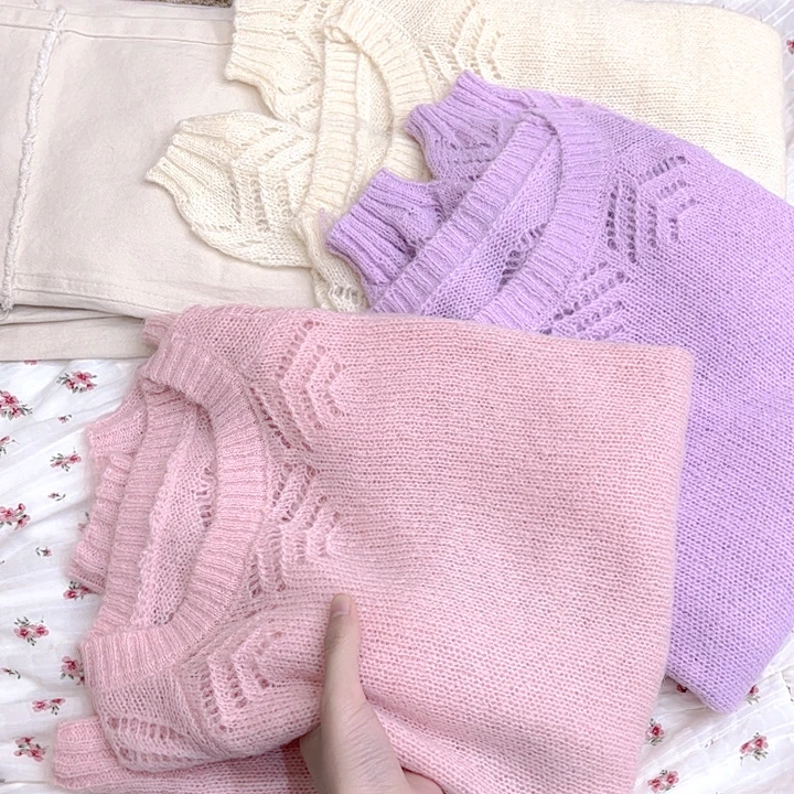 浮力新品!【钩花马海】圆领套头纯色百搭镂空长袖针织衫 HZ-063