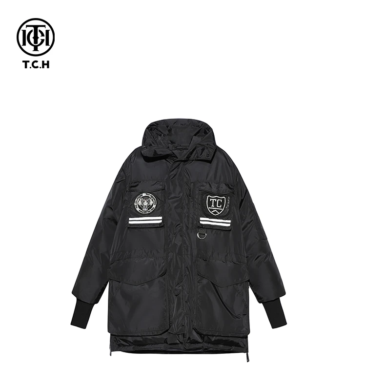 奥莱-TCH时尚潮牌工装风多口袋字母虎头烫钻黑色羽绒服T69D198021