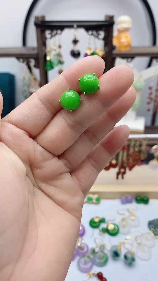 14K金镶嵌石英质玉（天山翠）耳饰48
