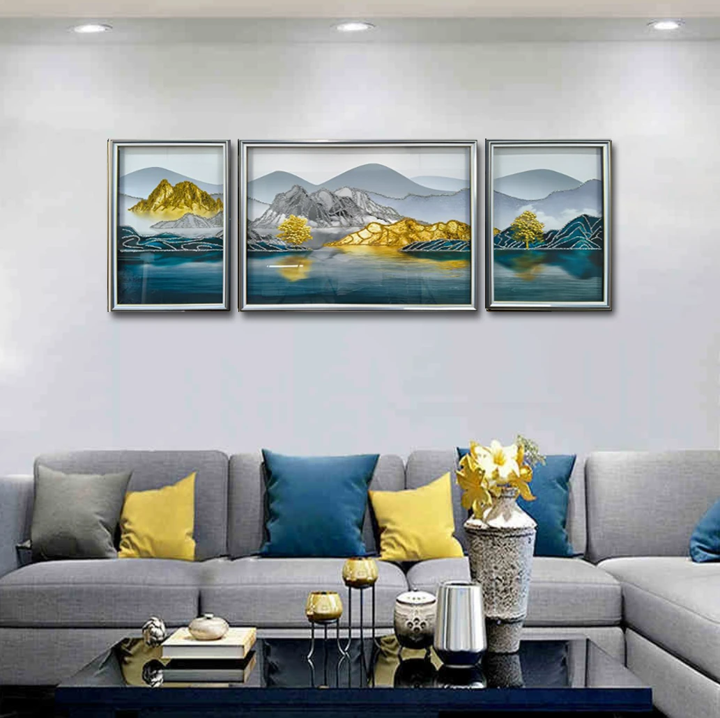 钢化玻璃【富水金山】现代轻奢客厅防水手工沙发背景墙画晶瓷画挂画