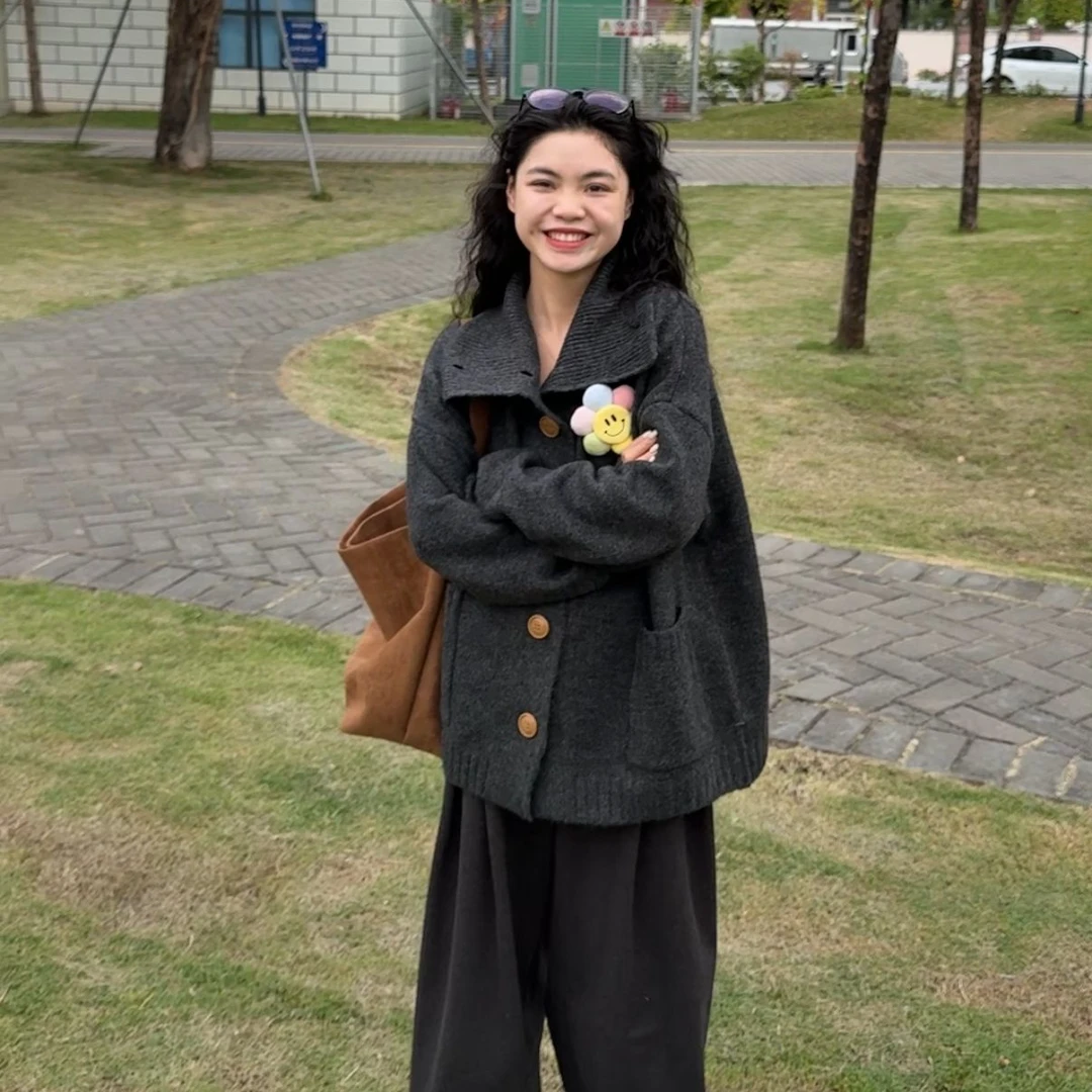 【胸针可拆卸】韩系chic氛围感针织毛衣开衫外套女秋冬慵懒风上衣