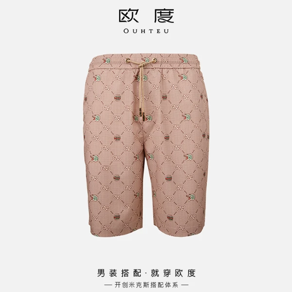 OUHTEU/欧度25新款夏季男士虎啸生风撞色印花休闲短裤卡其色7847