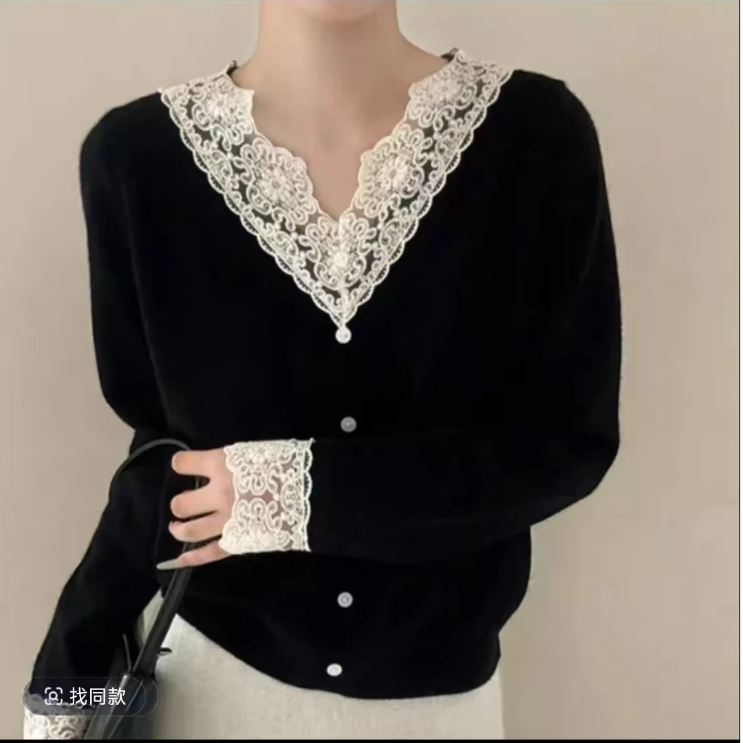 大码洋气早春高品花边时尚胖mm显瘦气质长袖毛衣百搭宽松女针织衫