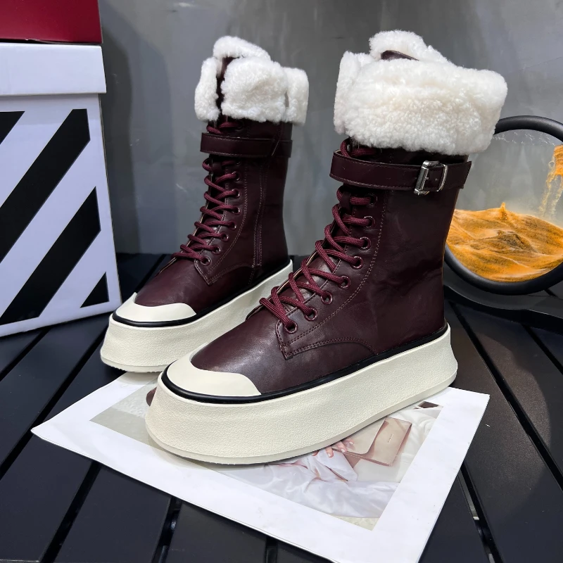 欧洲站高档小腿靴冬季超厚大棉绑带设计超洋气圆头式纯色中筒靴女