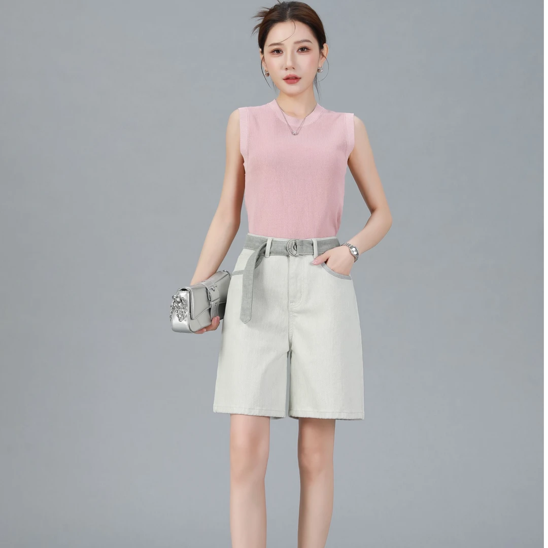 【美杜恩】9865夏季新款水波纹百搭显瘦A字版四分牛仔薄款短裤女