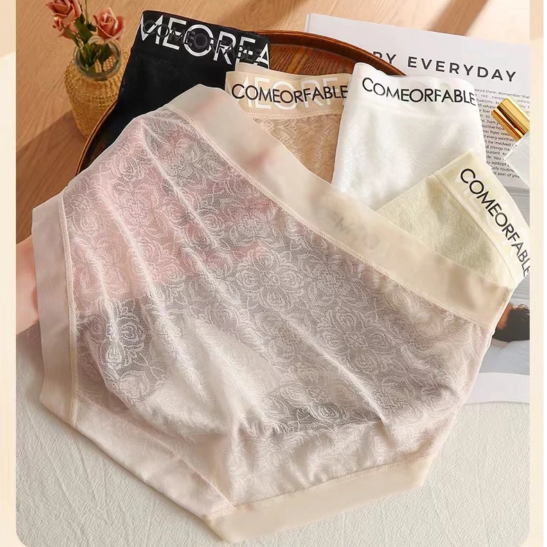 烂漫提花时尚字母蕾丝纯欲内裤少女中腰花卉碎花字母网纱亲肤透气