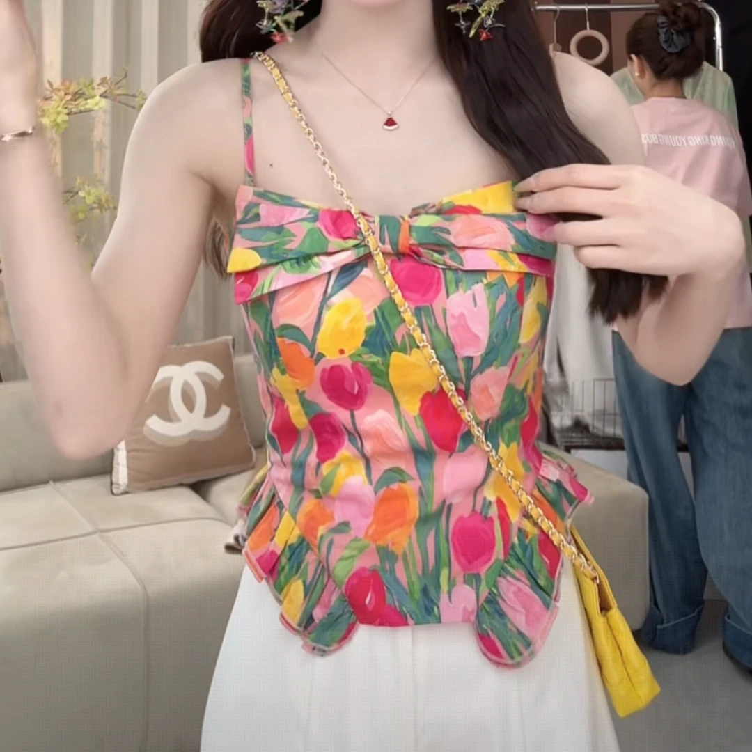 韩系花朵印花设计吊带背心女夏季小个子收腰显瘦绝美短款无袖上衣