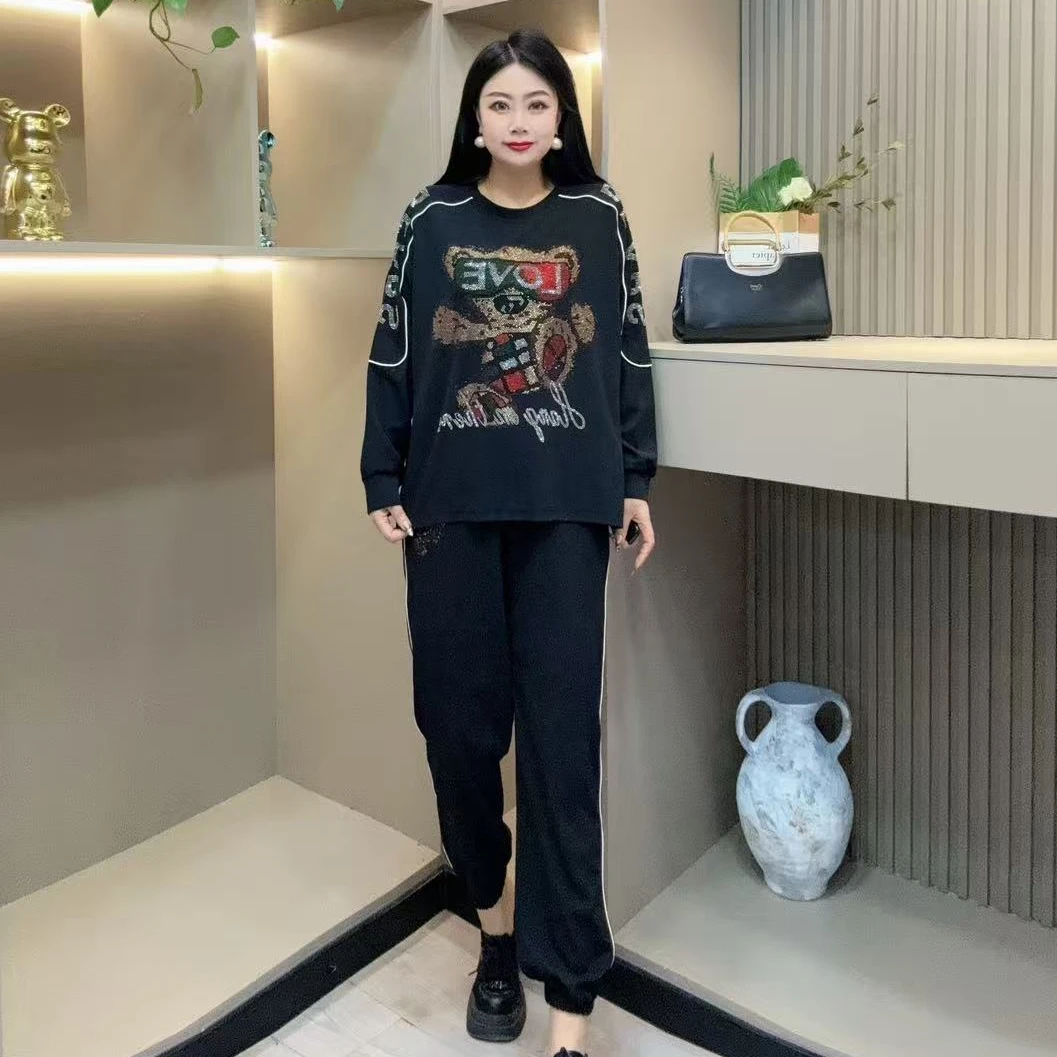 秋季套装-玲 时尚潮流亮闪小熊重工艺显瘦百搭胖MM大码女装新款