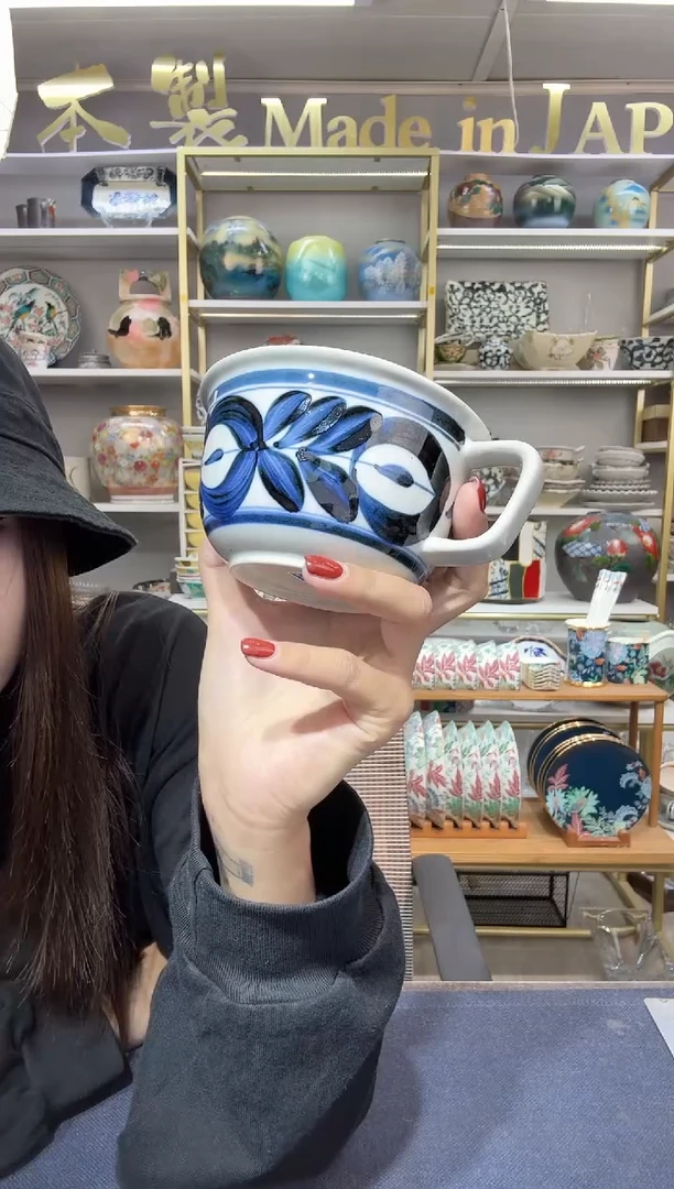 陶瓷手绘蓝海草早餐杯高款（微瑕介意慎拍）