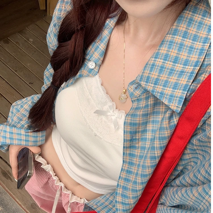 夏季薄款蓝格港风防晒衬衫宽松慵懒风格纹衬衣章若楠同款