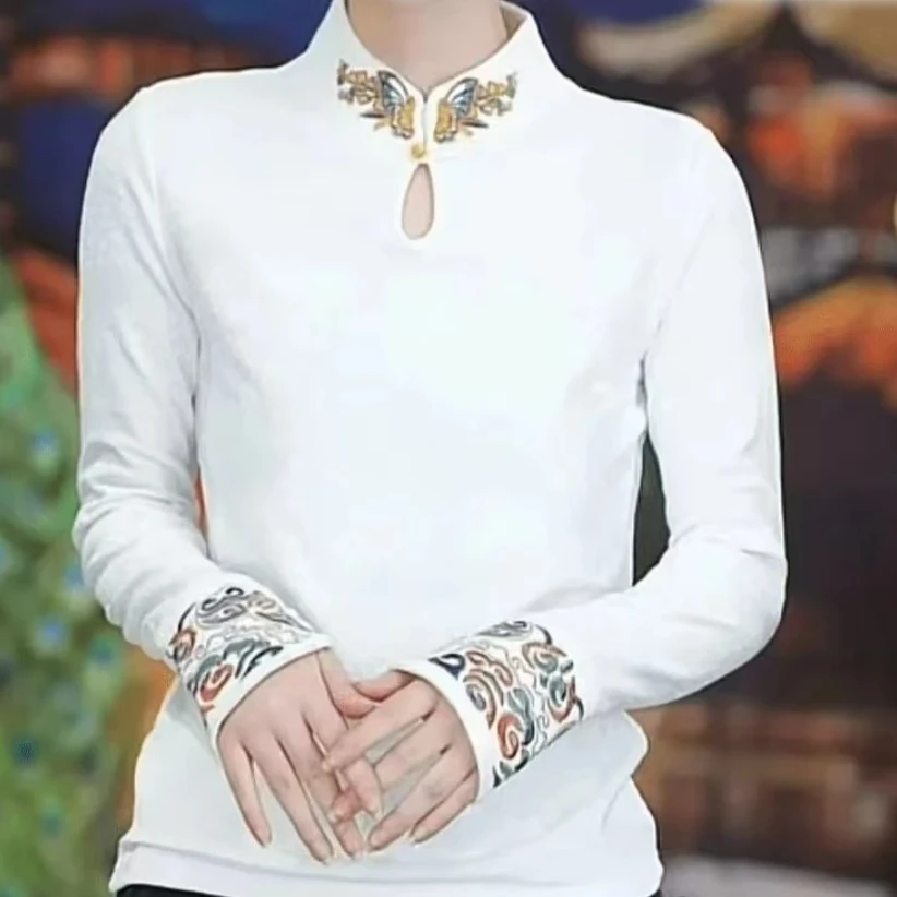 春季定制国风刺绣复古小立领新中式时尚打底T恤