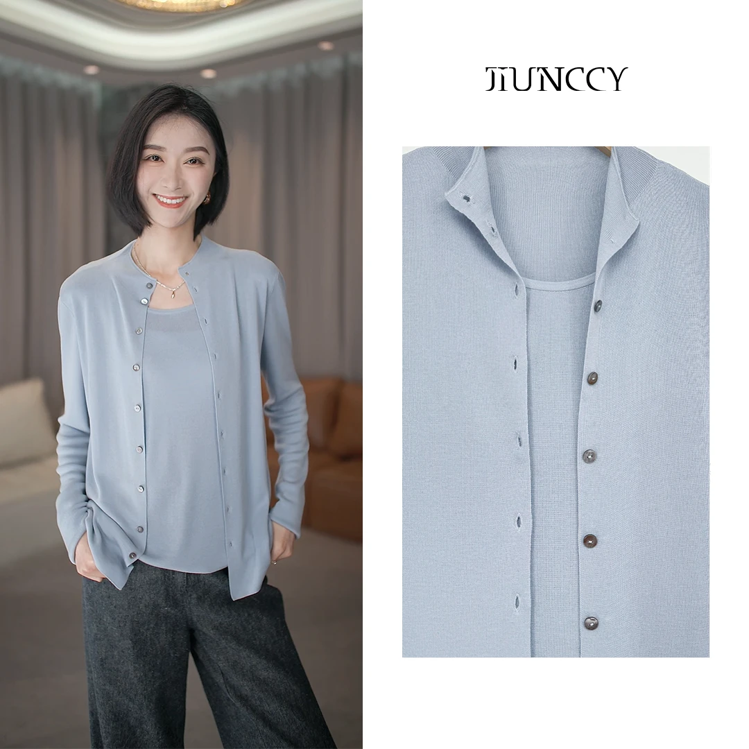 JIUNCCY【蓝心】桑蚕丝醋酸单排扣开衫背心假两件针织上衣 52YZZ028