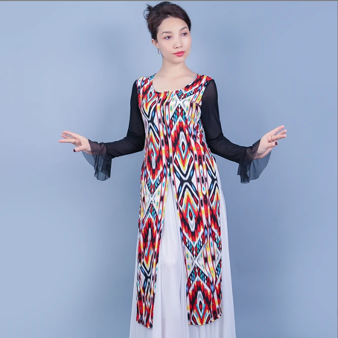 新疆舞蹈服春季艾德莱斯喇叭袖长恰袢百搭显瘦修身弹性长马甲