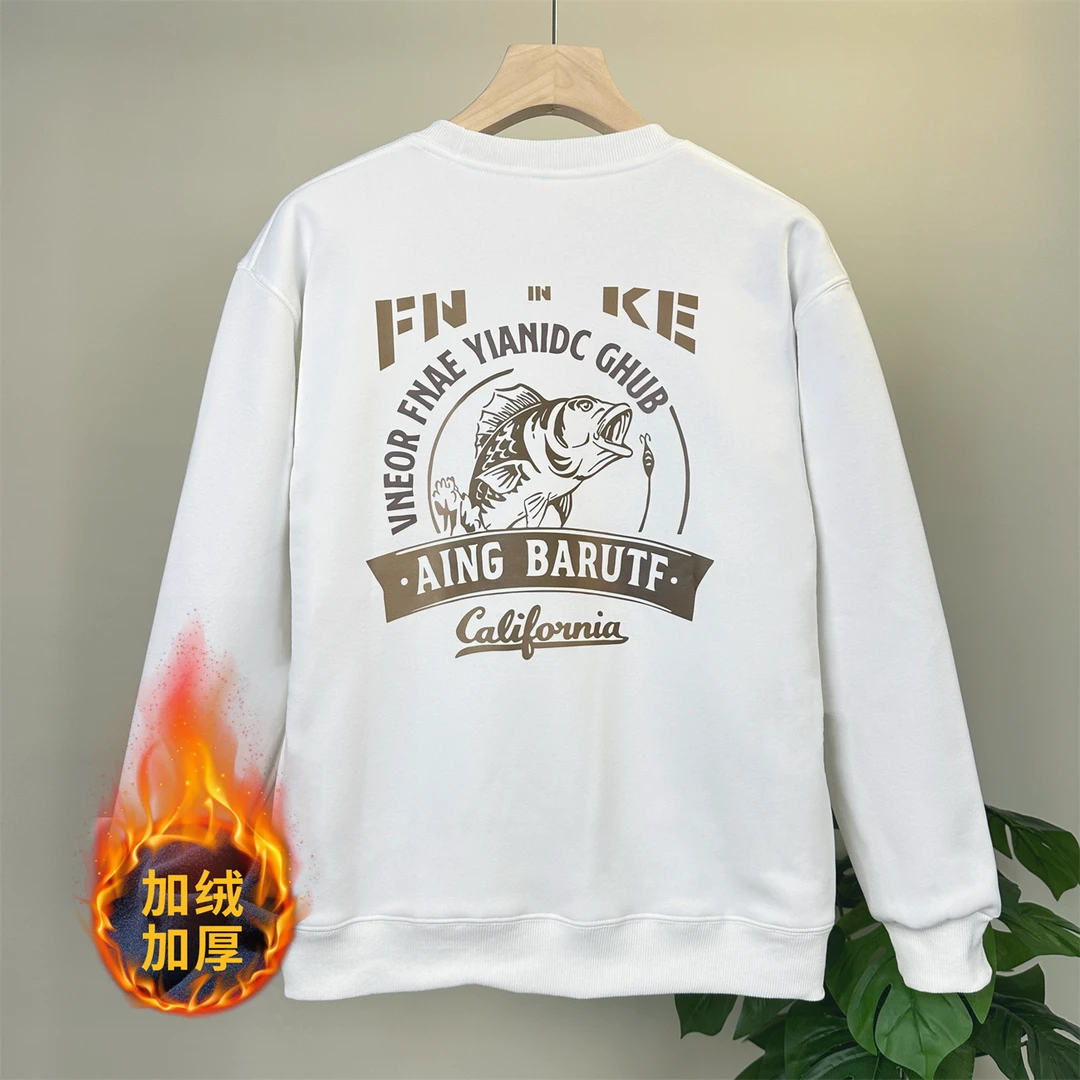 潮牌新款加绒加厚印花休闲打底男士简约青年气质微宽松百搭卫衣男