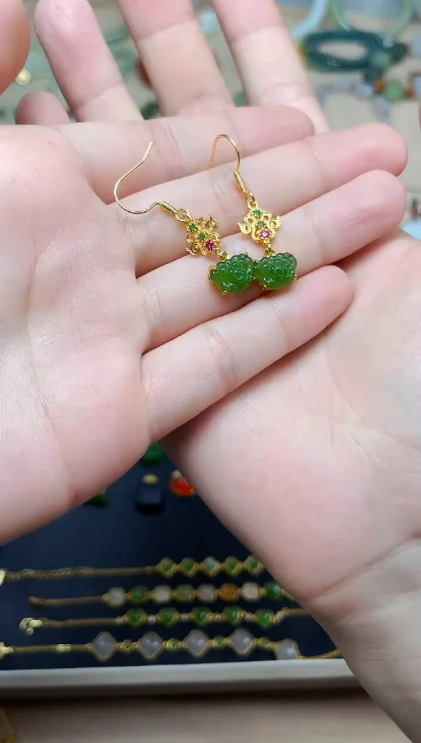 和田玉银S925镶嵌耳饰06牡丹花耳钩