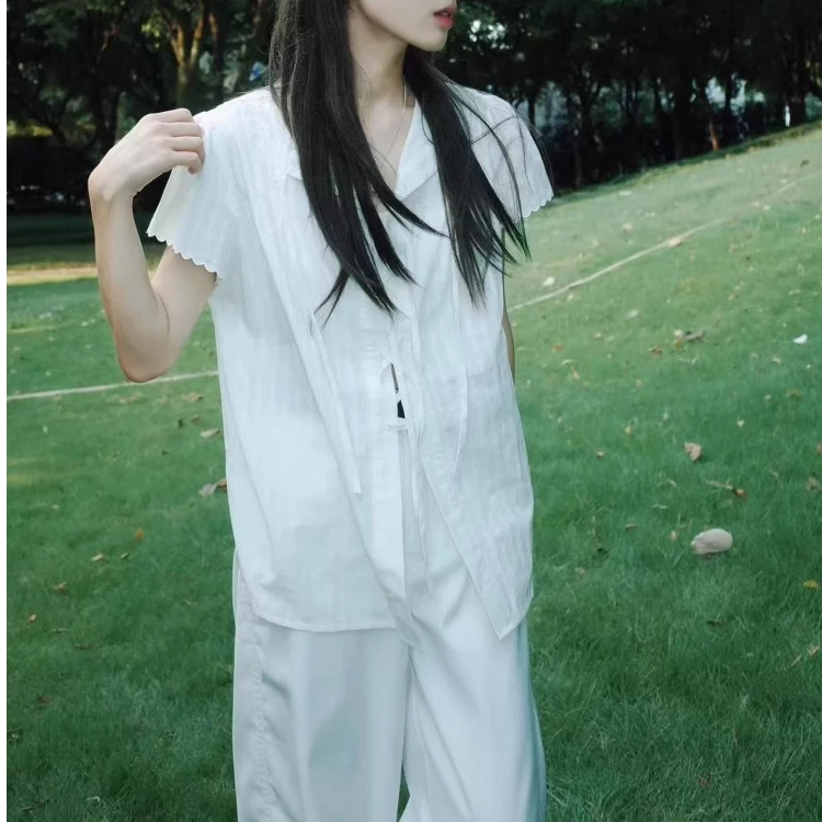 复古日系绑带短袖衬衫女2025夏季新款花边袖宽松百搭薄款衬衣上衣