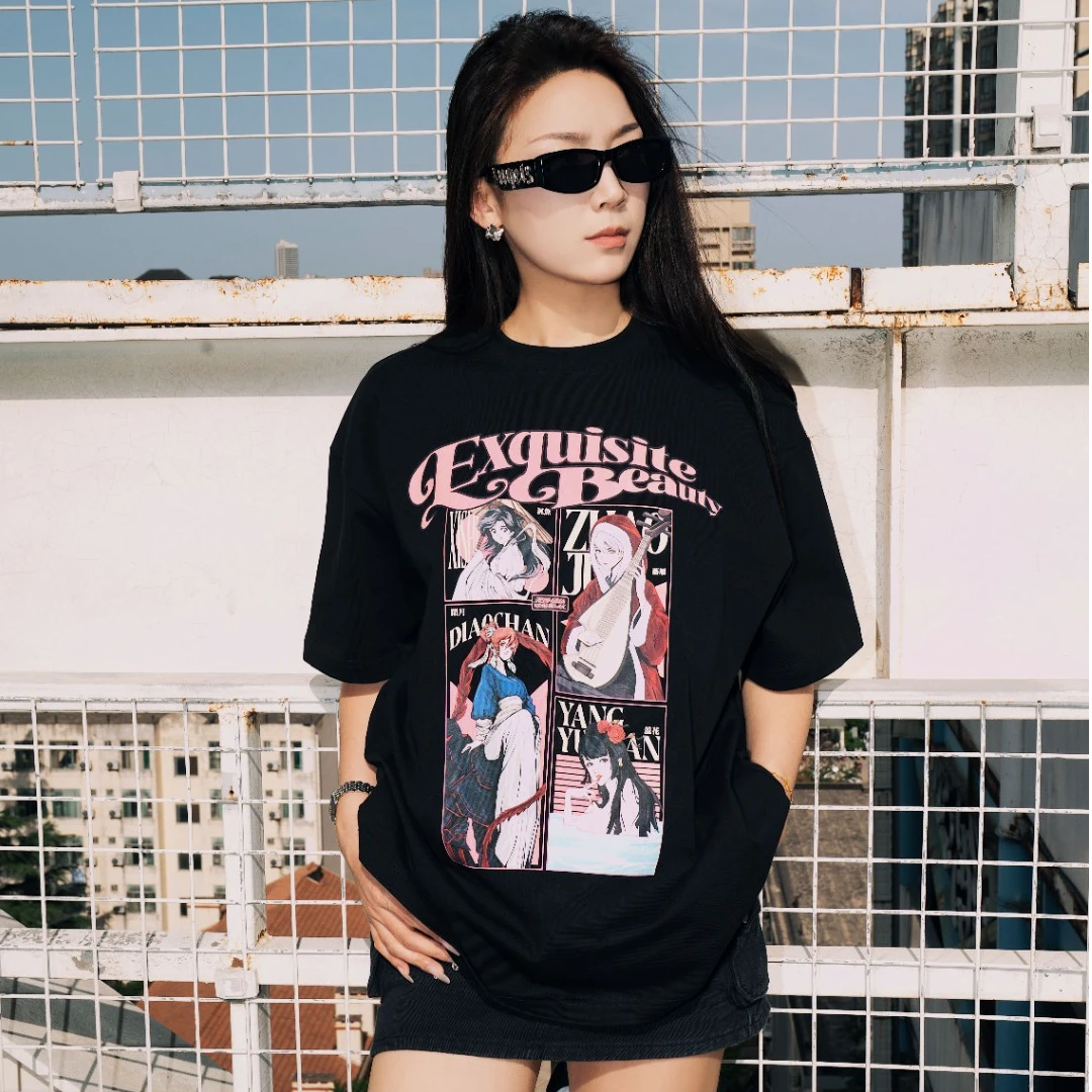 STAHOOD夏季国风国色天香四大美女纯棉印花圆领短袖T恤日常休闲