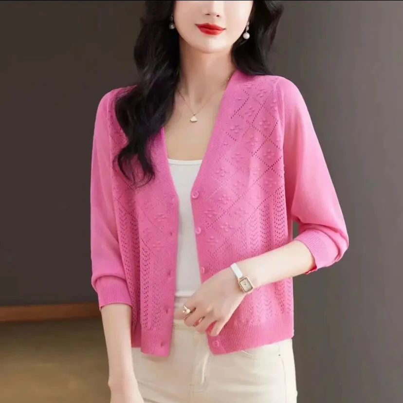 夏季新款时尚冰丝针织衫开衫气质显瘦洋气百搭纯色外搭空调衫上衣