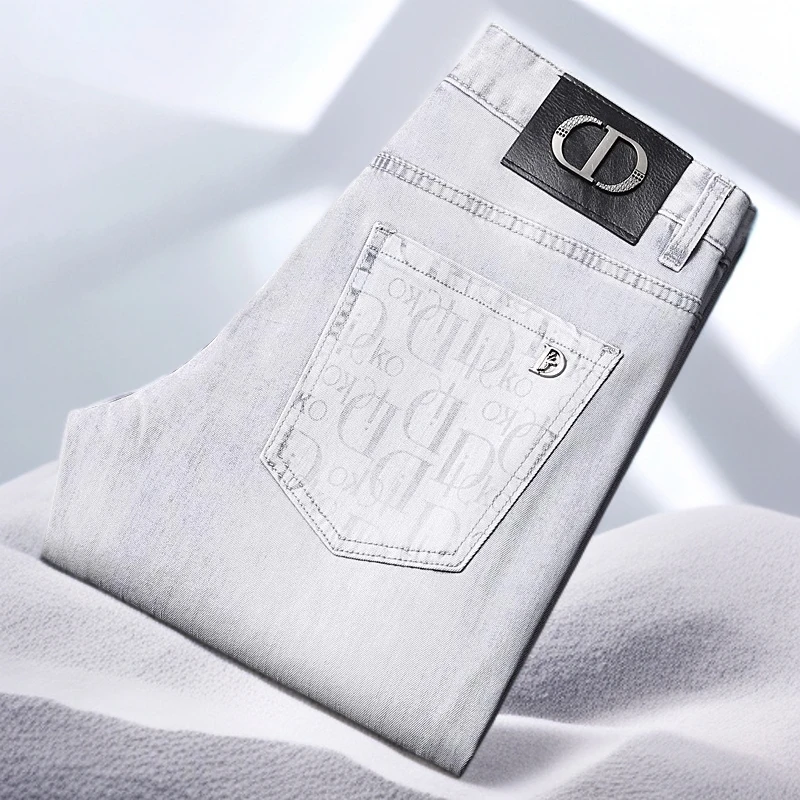 宾斯洛特夏季薄款烟灰色牛仔裤男款弹力修身休闲百搭时尚男装长裤