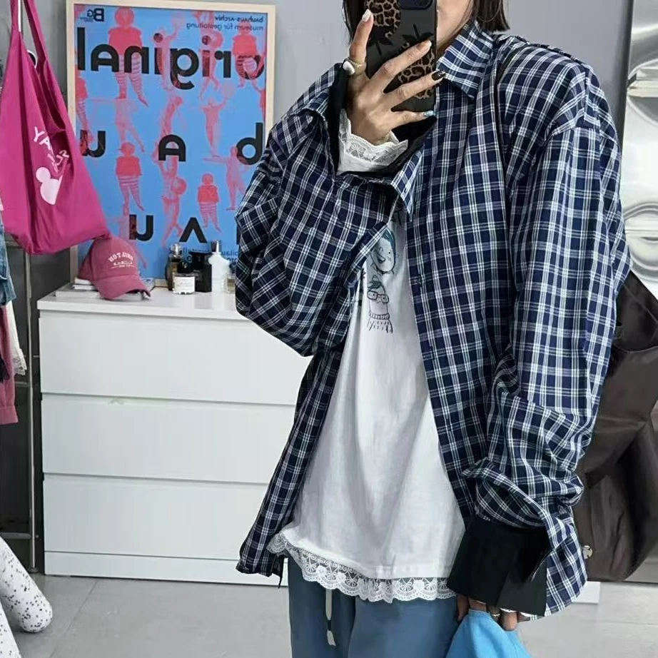 SISTERS云蓝深浅蓝格格袖拼格蓝衬衣