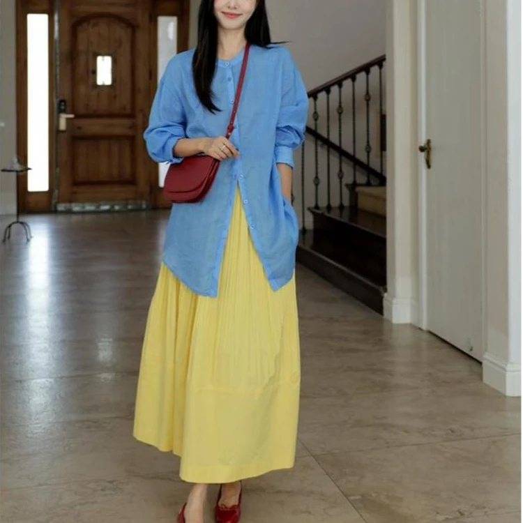 夏季【W4301】宽松长款显瘦衬衫伞摆半裙气质秋季时尚套装